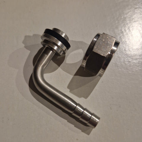5/8 Coupler / Shank Nut w/ right angle hose tail w/ indent. 6-7mm wide Barb + Gasket